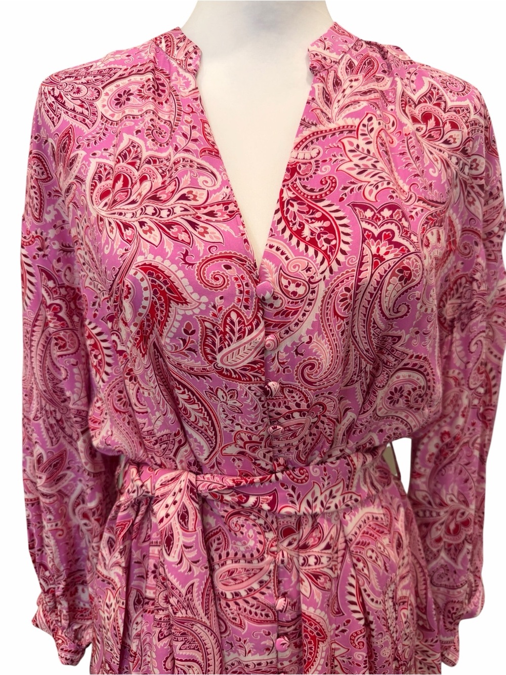 Zara Paisley Shirt Dress Tie Waist Button Front Ruffle Boho Pink XL RUNS SMALL - Picture 6 of 16